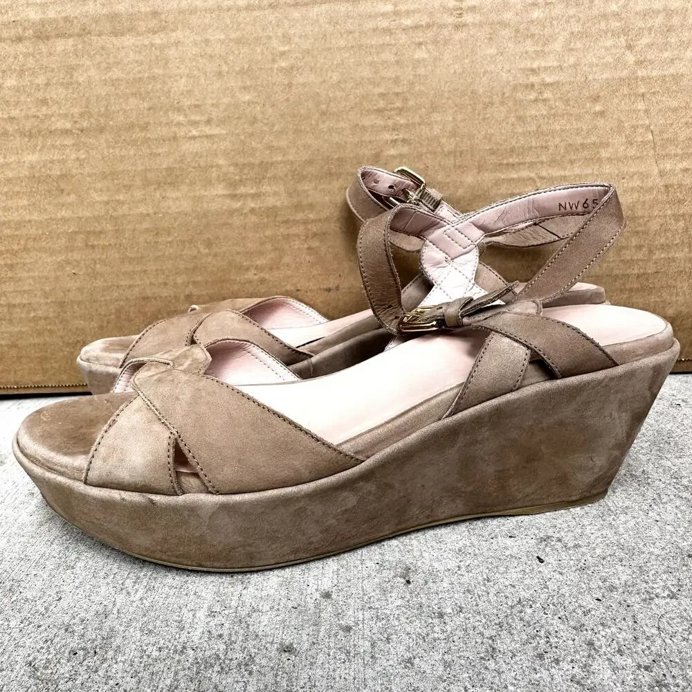 Stuart Weitzman Lockness Nubuck Sandal Tan Wedge Heels Platform Suede 7.5M